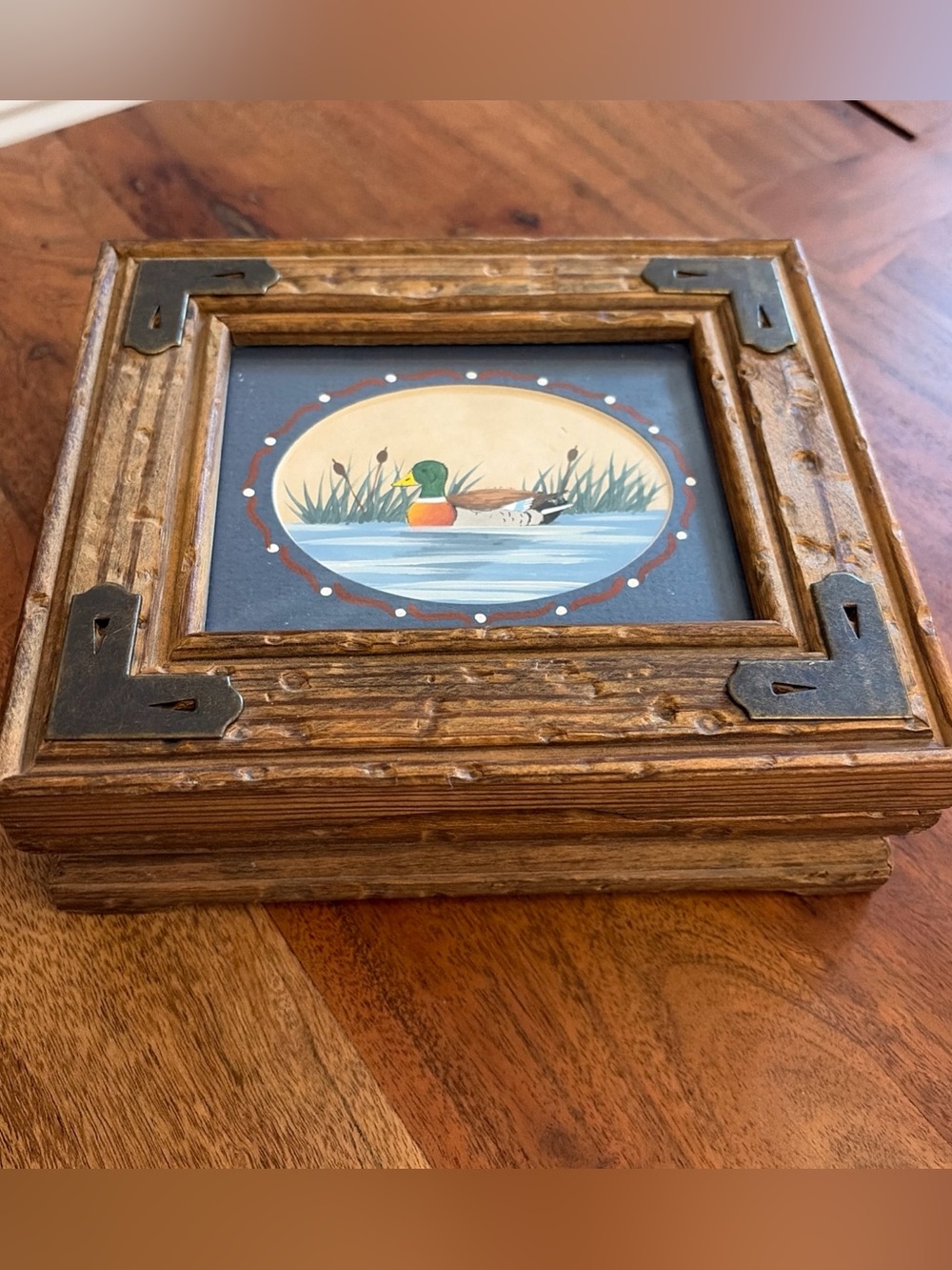 Vintage Ozarks Wood Trinket Box Photo Frame Handpainted Mallard Duck Cabincore